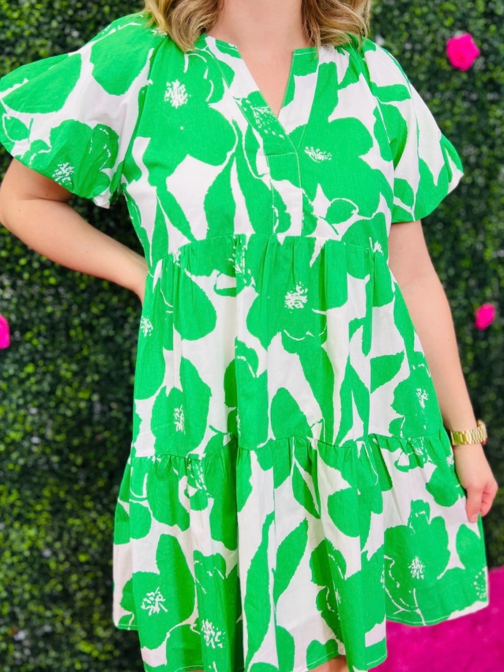Green and White Floral Tiered Mini Dress